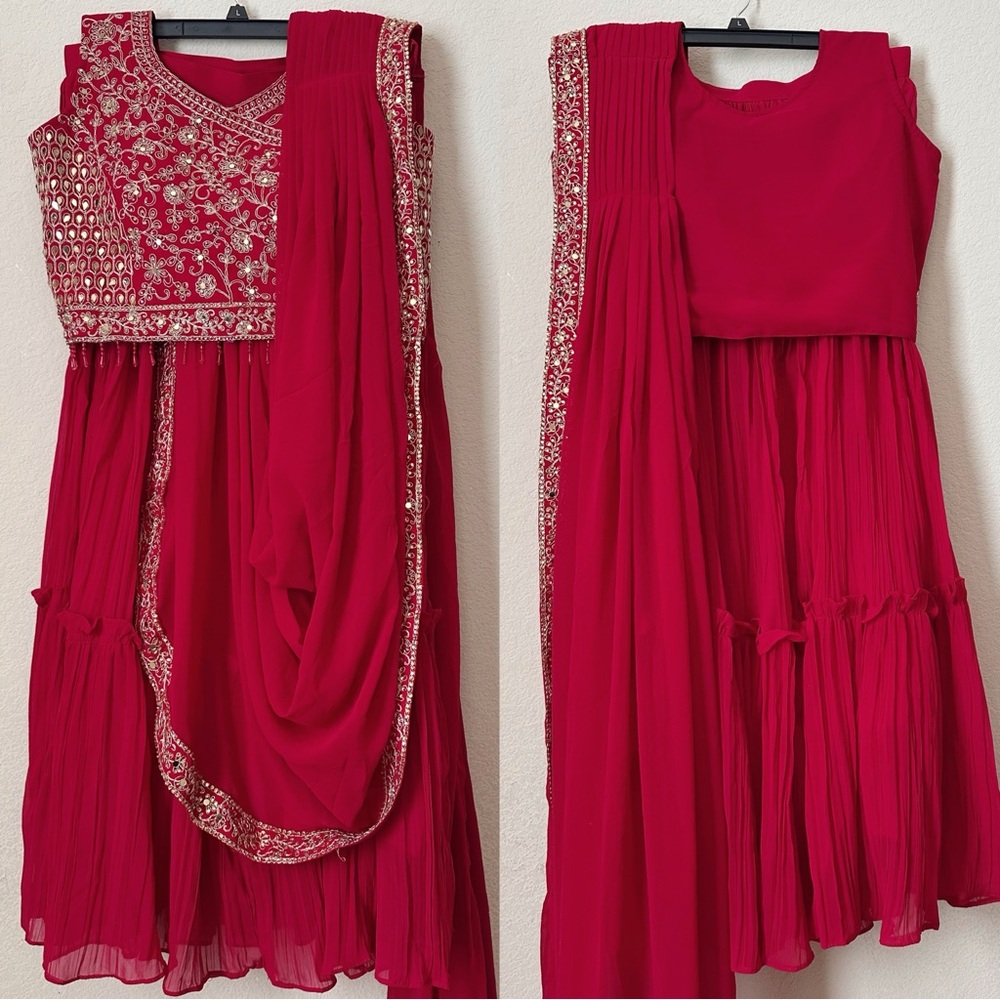 NEW Rani Pink & Gold Accent Pleated Ready Made Ruffle Designer Saree/Lehenga